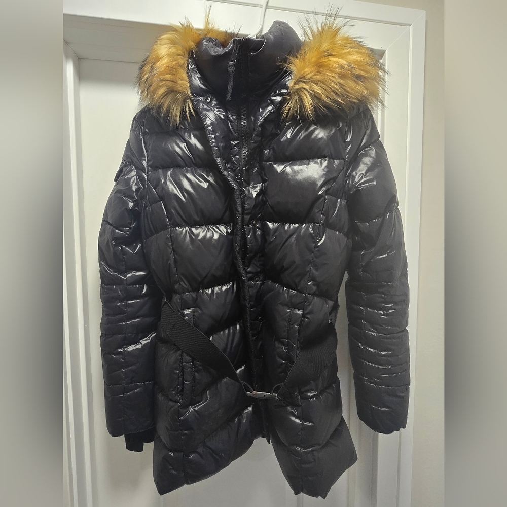 Black Puffer Coat with Faux Fur Hood Trim